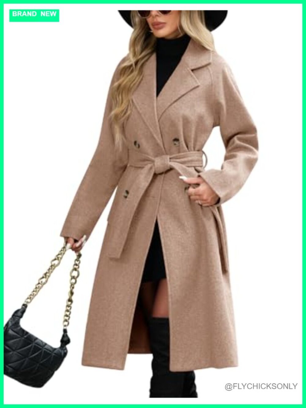 Women's Double Breasted Pea Coat Notch Lapel Belted Knee Length